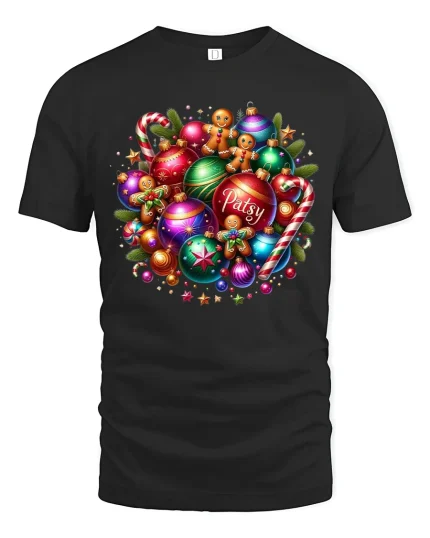 Personalized Ornaments Tee Colorful Gingerbread Christmas Tshirt - black t-shirt on white background