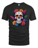 Colorful Sugar Skull Tee Floral Day of the Dead Style Tshirt - black t-shirt on white background