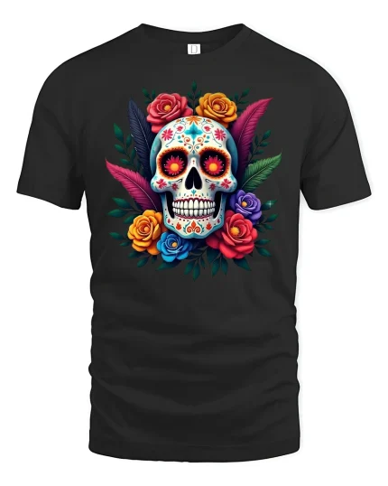 Colorful Sugar Skull Tee Floral Day of the Dead Style Tshirt - black t-shirt on white background