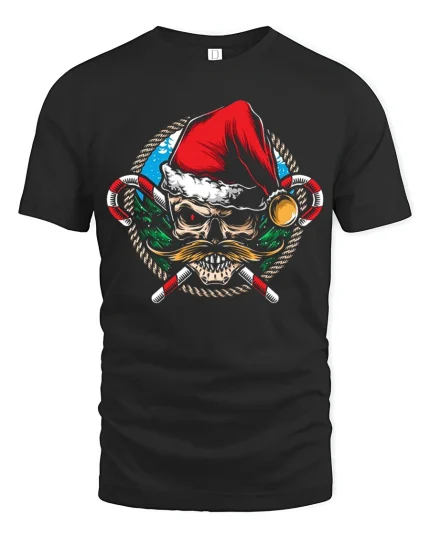 Santa Skull Tee Cool Mustache Candy Cane Christmas Tshirt - black t-shirt on white background