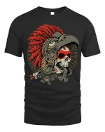 Warrior Skull Headdress Tee Bold Tribal Feather Art Tshirt - black t-shirt on white background