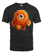 Cute Fuzzy Orange Monster Tee One Eyed Cartoon Creature Tshirt - black t-shirt on white background