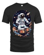 Astronaut Drummer Tee Space Music T Shirt for Cool Musicians - black t-shirt on white background