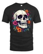 Floral Skull Art Tee Colorful Flower Skeleton Graphic Tshirt - black t-shirt on white background