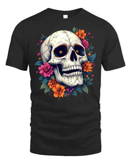 Floral Skull Art Tee Colorful Flower Skeleton Graphic Tshirt - black t-shirt on white background