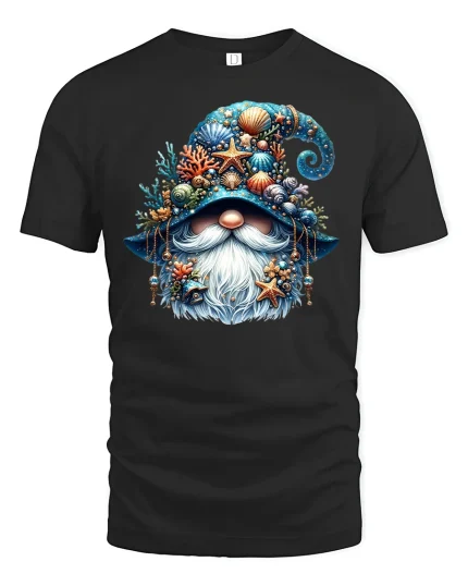 Ocean Gnome Tee Beach Seashell Wizard Tshirt for Summer Fans - black t-shirt on white background