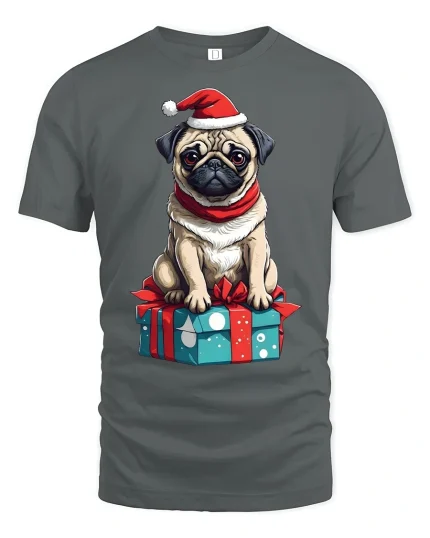 Cute Christmas Pug Gift Box Tee Funny Holiday Dog T Shirt - gray t-shirt on white background