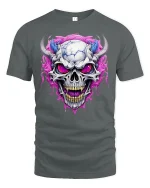 Demonic Horned Skull Tee Fierce Glowing Eyes Graphic Tshirt - gray t-shirt on white background