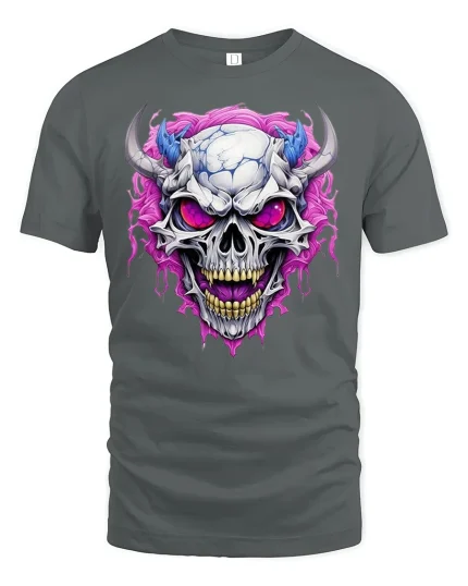 Demonic Horned Skull Tee Fierce Glowing Eyes Graphic Tshirt - gray t-shirt on white background