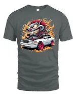 Crazy Hot Rod Creature Tee Wild Muscle Car Flames Tshirt - gray t-shirt on white background