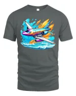 Colorful Jet Airplane Tee Vibrant Plane Over Waves Tshirt - gray t-shirt on white background