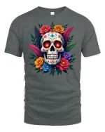 Colorful Sugar Skull Tee Floral Day of the Dead Style Tshirt - gray t-shirt on white background