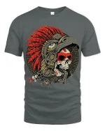Warrior Skull Headdress Tee Bold Tribal Feather Art Tshirt - gray t-shirt on white background