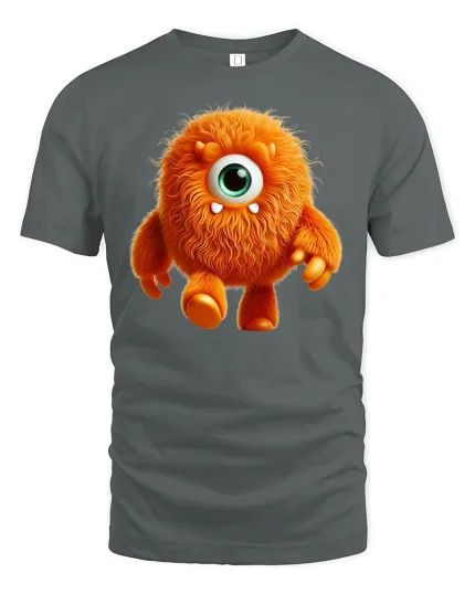Cute Fuzzy Orange Monster Tee One Eyed Cartoon Creature Tshirt - gray t-shirt on white background