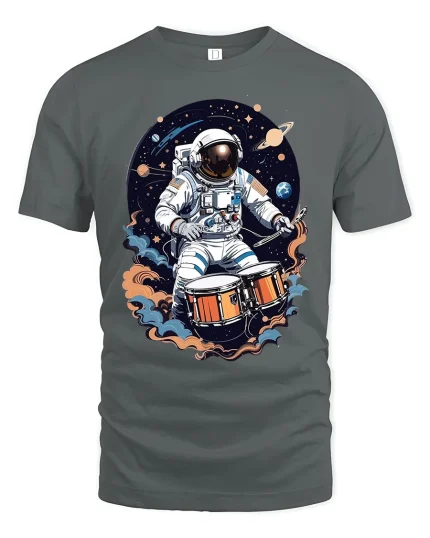 Astronaut Drummer Tee Space Music T Shirt for Cool Musicians - gray t-shirt on white background