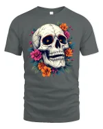 Floral Skull Art Tee Colorful Flower Skeleton Graphic Tshirt - gray t-shirt on white background