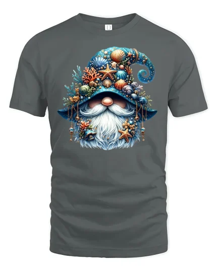 Ocean Gnome Tee Beach Seashell Wizard Tshirt for Summer Fans - gray t-shirt on white background