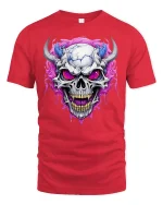 Demonic Horned Skull Tee Fierce Glowing Eyes Graphic Tshirt - red t-shirt on white background