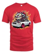 Crazy Hot Rod Creature Tee Wild Muscle Car Flames Tshirt - red t-shirt on white background