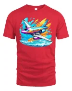 Colorful Jet Airplane Tee Vibrant Plane Over Waves Tshirt - red t-shirt on white background