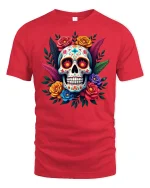 Colorful Sugar Skull Tee Floral Day of the Dead Style Tshirt - red t-shirt on white background