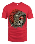 Warrior Skull Headdress Tee Bold Tribal Feather Art Tshirt - red t-shirt on white background