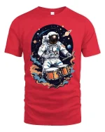 Astronaut Drummer Tee Space Music T Shirt for Cool Musicians - red t-shirt on white background