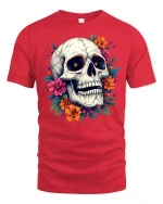 Floral Skull Art Tee Colorful Flower Skeleton Graphic Tshirt - red t-shirt on white background
