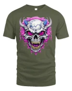Demonic Horned Skull Tee Fierce Glowing Eyes Graphic Tshirt - military green t-shirt on white background