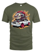 Crazy Hot Rod Creature Tee Wild Muscle Car Flames Tshirt - military green t-shirt on white background