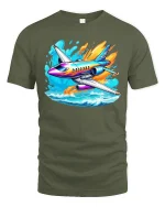 Colorful Jet Airplane Tee Vibrant Plane Over Waves Tshirt - military green t-shirt on white background