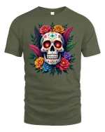 Colorful Sugar Skull Tee Floral Day of the Dead Style Tshirt - military green t-shirt on white background