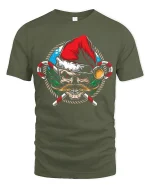 Santa Skull Tee Cool Mustache Candy Cane Christmas Tshirt - military green t-shirt on white background