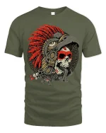 Warrior Skull Headdress Tee Bold Tribal Feather Art Tshirt - military green t-shirt on white background