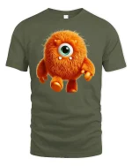 Cute Fuzzy Orange Monster Tee One Eyed Cartoon Creature Tshirt - military green t-shirt on white background