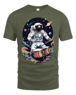 Astronaut Drummer Tee Space Music T Shirt for Cool Musicians - military green t-shirt on white background