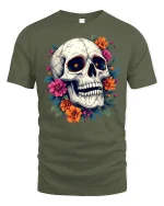 Floral Skull Art Tee Colorful Flower Skeleton Graphic Tshirt - military green t-shirt on white background