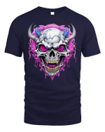 Demonic Horned Skull Tee Fierce Glowing Eyes Graphic Tshirt - navy t-shirt on white background