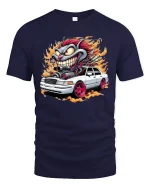 Crazy Hot Rod Creature Tee Wild Muscle Car Flames Tshirt - navy t-shirt on white background