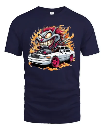 Crazy Hot Rod Creature Tee Wild Muscle Car Flames Tshirt - navy t-shirt on white background