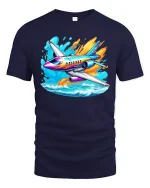 Colorful Jet Airplane Tee Vibrant Plane Over Waves Tshirt - navy t-shirt on white background