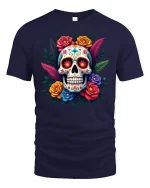 Colorful Sugar Skull Tee Floral Day of the Dead Style Tshirt - navy t-shirt on white background