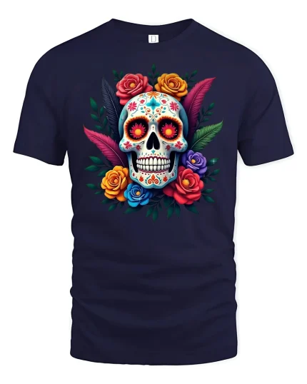 Colorful Sugar Skull Tee Floral Day of the Dead Style Tshirt - navy t-shirt on white background