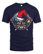 Santa Skull Tee Cool Mustache Candy Cane Christmas Tshirt - navy t-shirt on white background