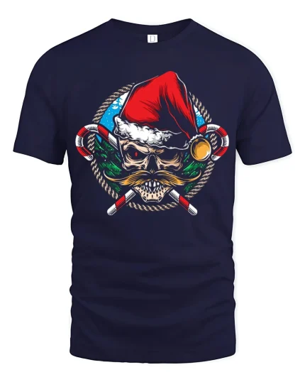 Santa Skull Tee Cool Mustache Candy Cane Christmas Tshirt - navy t-shirt on white background