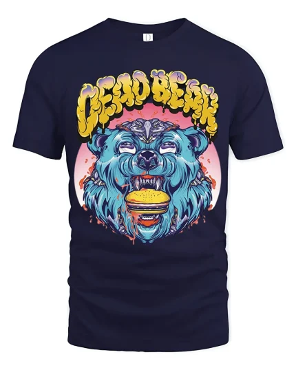 Crazy Burger Bear Tee Wild Graffiti Style Funny Beast Tshirt - navy t-shirt on white background