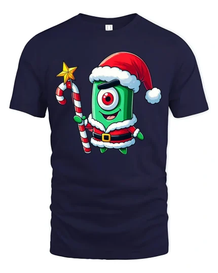 Cute Cyclops Santa Tee Funny One Eyed Christmas Creature Tshirt - navy t-shirt on white background