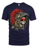 Warrior Skull Headdress Tee Bold Tribal Feather Art Tshirt - navy t-shirt on white background