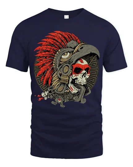 Warrior Skull Headdress Tee Bold Tribal Feather Art Tshirt - navy t-shirt on white background