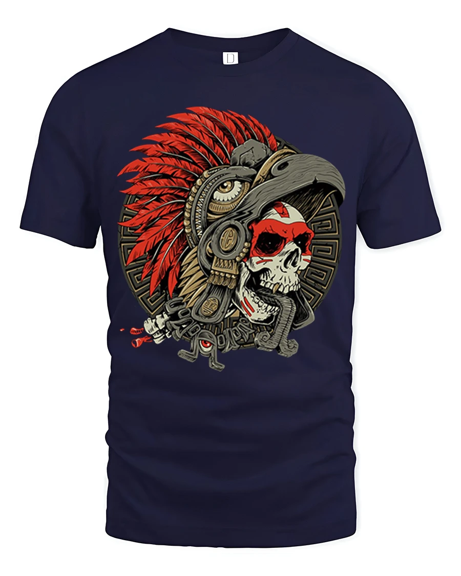 Warrior Skull Headdress Tee Bold Tribal Feather Art Tshirt - 1 Warrior Skull Headdress Tee Bold Tribal Feather Art Tshirt - navy t-shirt on white background